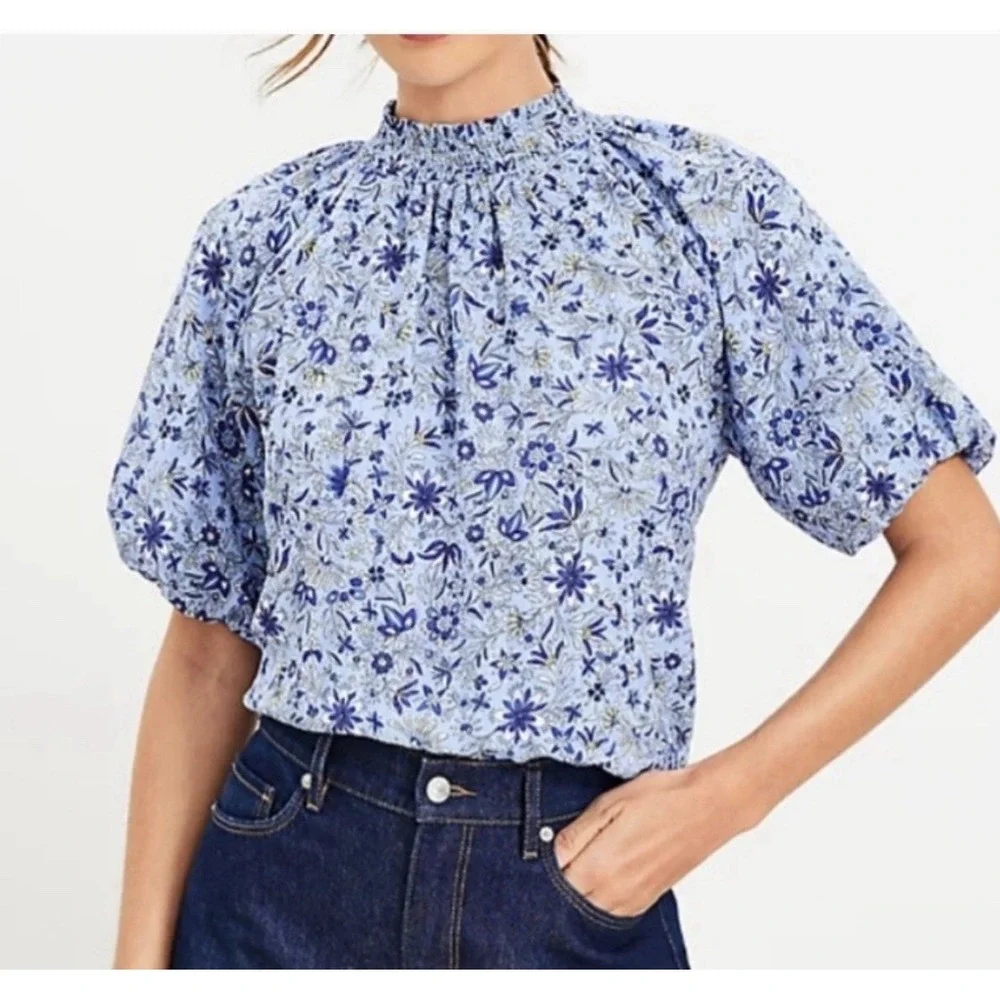 Loft Blue Floral Smocked Mock Neck Puff Sleeve Blouse XXL
